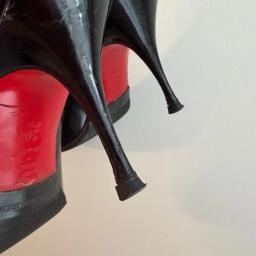 Christian Louboutin Black Patent Leather Peep Toe Stiletto Heels Size 39